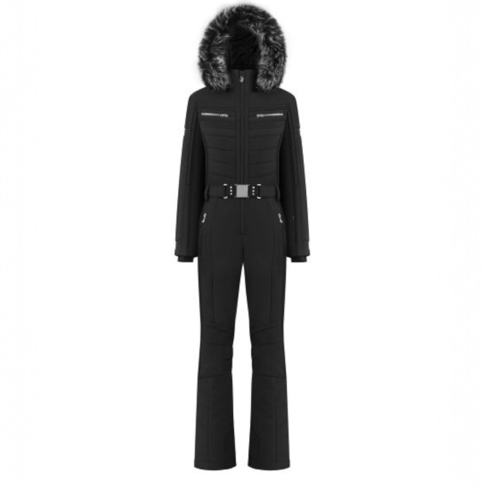 Poivre Blanc Black Ski Suit – Belted One-Piece Snow Suit w/ Faux Fur Hood